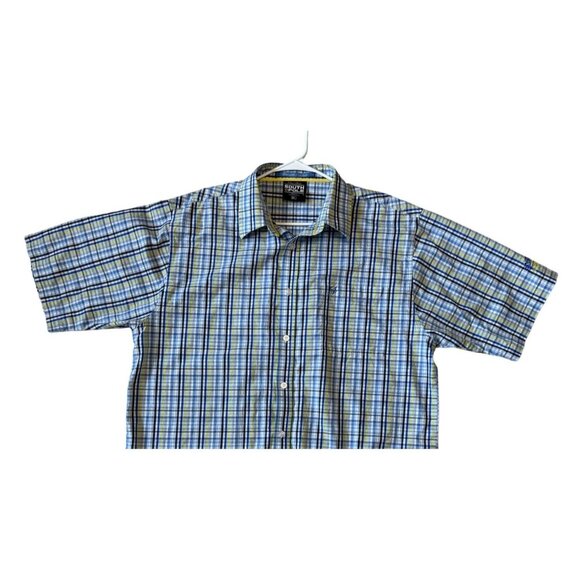 Southpole Mens XL Blue & Yellow Plaid Button-Up Short Sleeve Shirt 100% Cotton - Picture 2 of 8